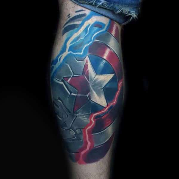 Lightning Bolt Captain America Shield Leg Tattoos For Men