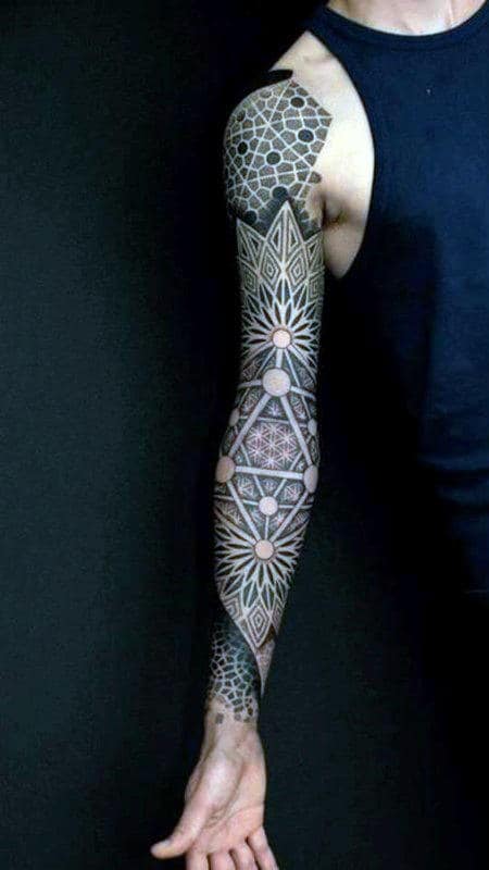 Line Work Sleeve Sacred Geometry Male Tattoos