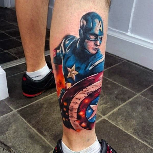 Lower Leg Realistic Captain America Guys Tattoo Inspiration