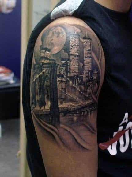 Male Brooklyn Bridge Upper Arm Tattoo