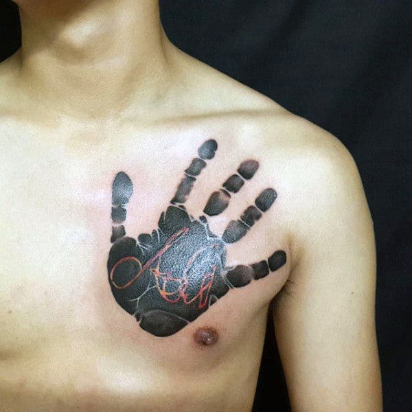 Male Chest Dark Interesting Black Hand Print Tattoo