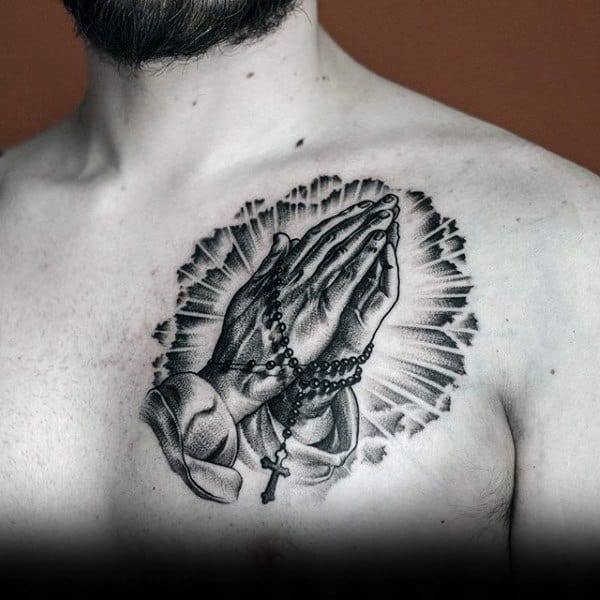Male Chest Praying Hands With Beads Interesting Tattoo