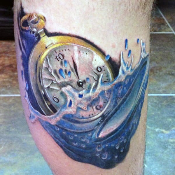 Male Thighs Interesting Tattoo Of Clock In Water