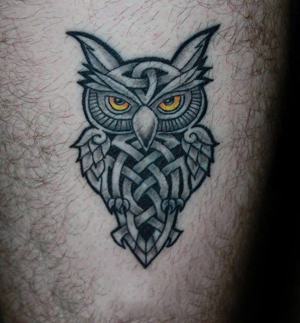Male Upper Chest Celtic Owl Tattoo Design Inspiration