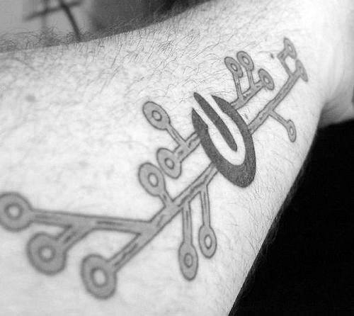 Male With Cool Circuit Board Inner Forearm Power Symbol Tattoo Design