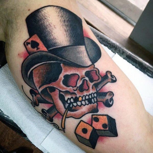 Male With Cool Inner Arm Bicep Skull With Top Hat Tattoo Design