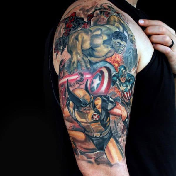 Male With Marvel Superheros Captain America Half Sleeve Tattoo
