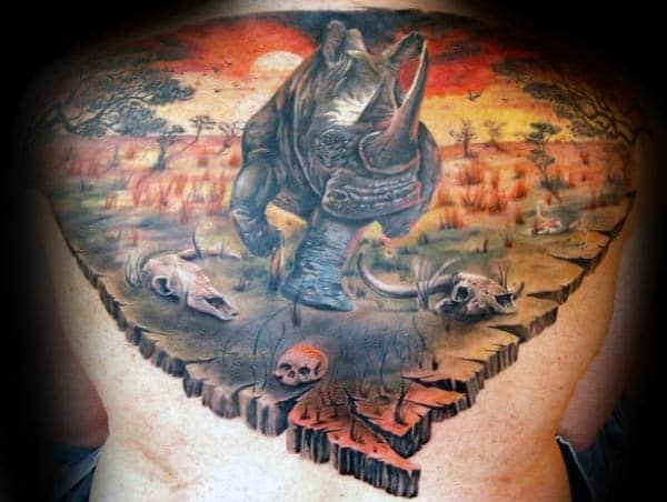Male With Rhino Rising Sun Back 3d Tattoo