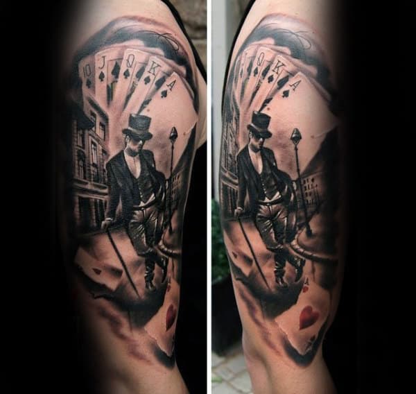 Man Walking City Street With Playing Cards Mens Upper Arm Tattoo