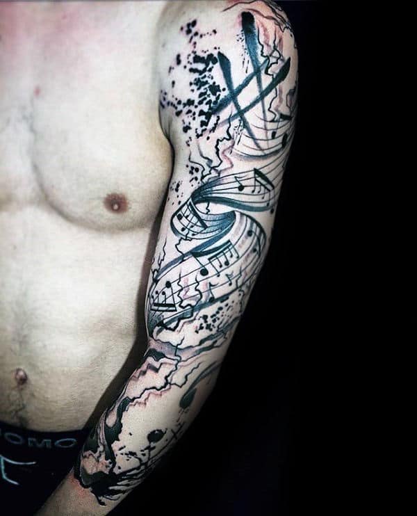 Man With Amazing Music Note Watercolor Full Arm Tattoo