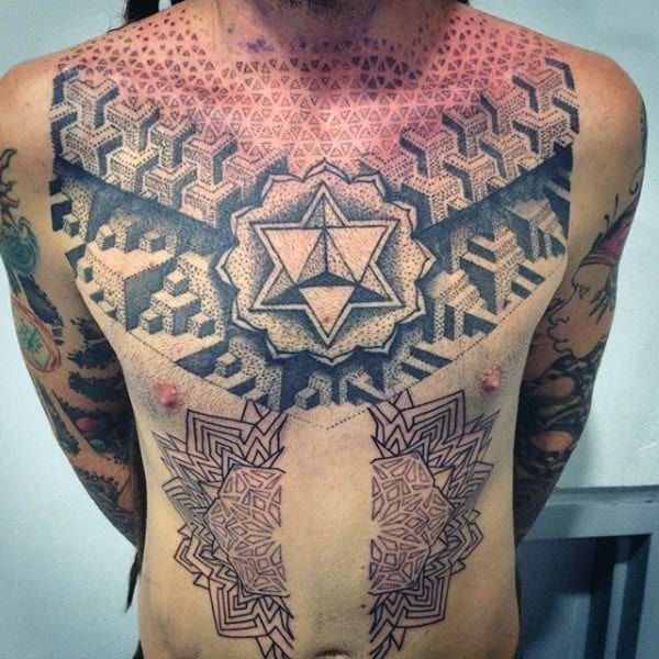 Man With Black Sacred Geometry Tattoo Patterns On Chest