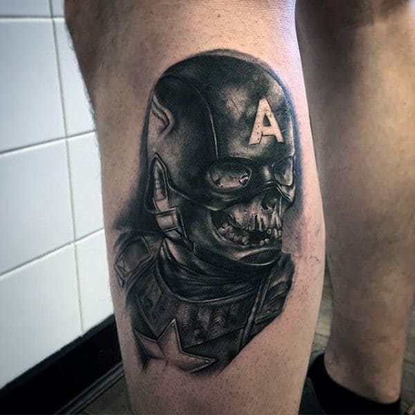 Man With Captain America Skull Tattoo On Leg Calf