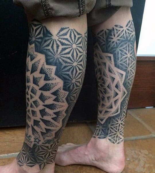 Man With Geometrical Designs In Sacred Geometry Triangle On Back Of Legs