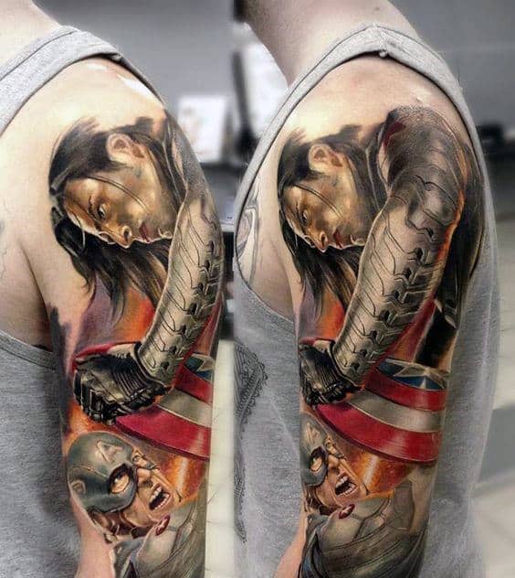 Man With Realistic 3d Captain America Half Sleeve Arm Tattoo