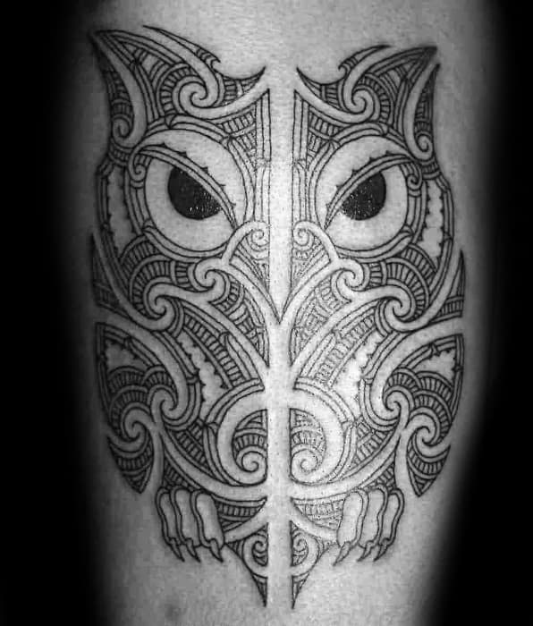 Manly Negative Space Male Tribal Owl Polynesian Tattoo On Arm
