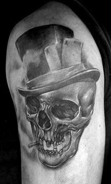 Masculine Skull With Top Hat Tattoos For Men On Arm