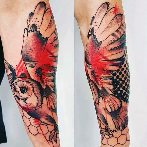 Mens Abstract Watercolor Red And Black Ink Owl Tattoo On Forearm