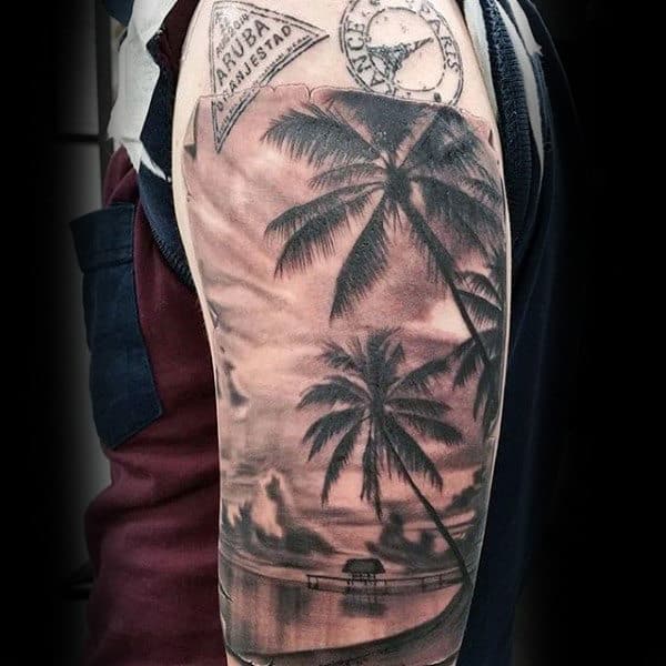 Mens Arms Interesting Sepia Toned Palm Trees And Still Waters Tattoo