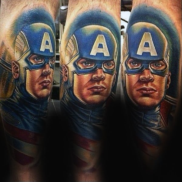Mens Back Of Leg Captain America Portrait Tattoo