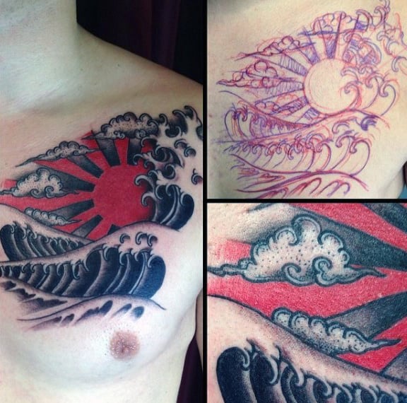 Mens Black And Red Ink Rising Sun Chest Tattoos