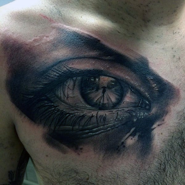 Mens Chest Interesting Tattoo Of Man With An Umbrella Inside Eyeball