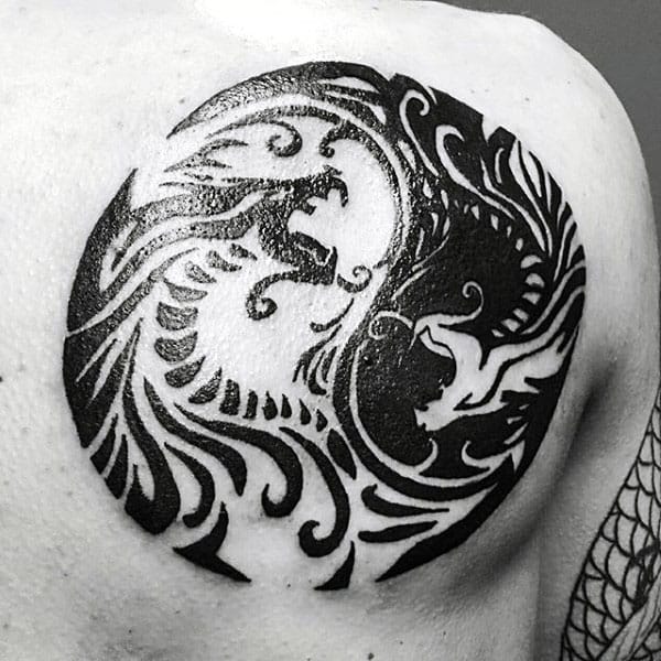 Mens Circular Dragon Yin And Yang Tribal Tattoos Shoulder