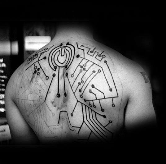 Mens Cool Circuit Board Power Symbol Tattoo Ideas On Back