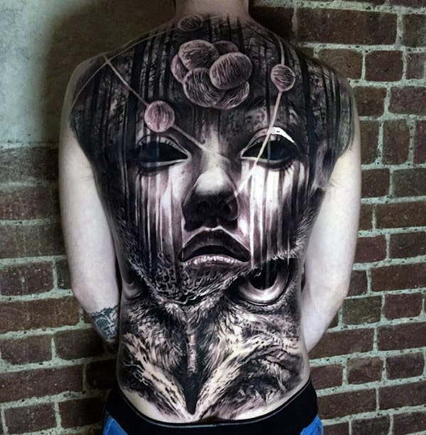 Mens Female Portrait With Owl Realistic 3d Shaded Back Tattoo