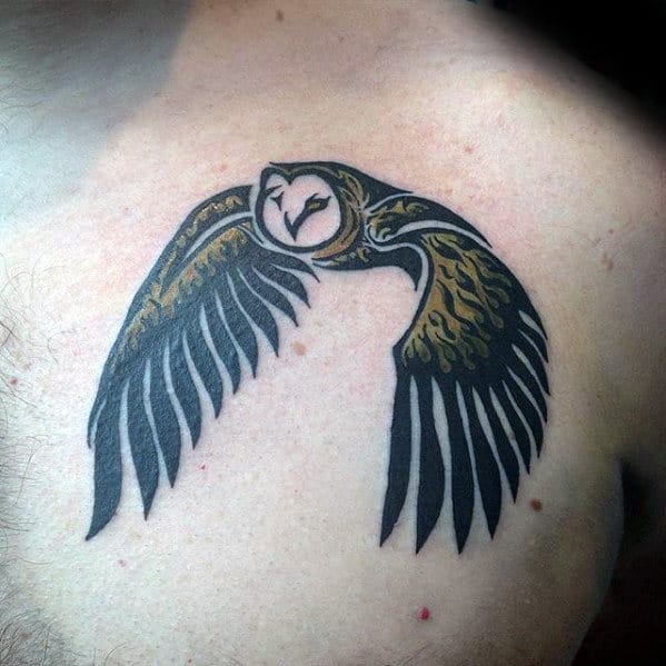 Mens Flying Owl Tribal Upper Chest Tattoo
