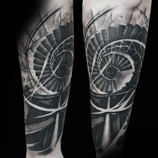 Mens Forearm Interesting Tattoo Of Spiralling Staircase