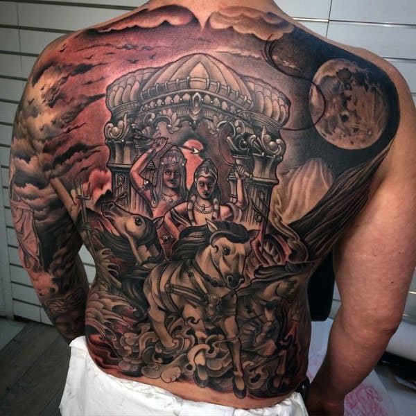 Mens Ful Back Interesting Tattoo Of Ancient King And Queen On A Horse Tattoos