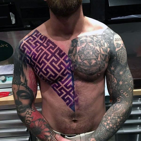Mens Full Sleeve Torso Interesting Violet Geometric Pattern And Grey Tattoo