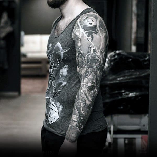 Mens Full Sleeves Interesting Grey Artwork Tattoo