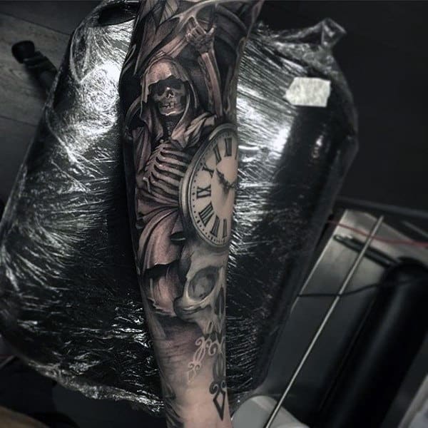 Mens Full Sleeves Interesting Tattoo Of Clock And Skeleton