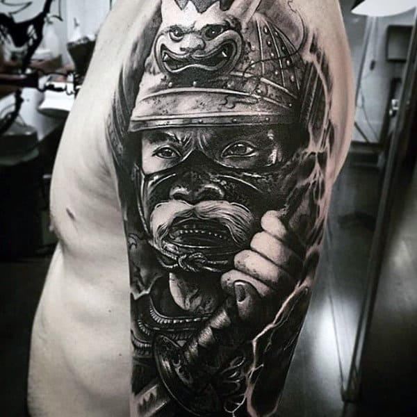 Mens Full Sleeves Interesting Tattoo Of Warrior With Unique Mask