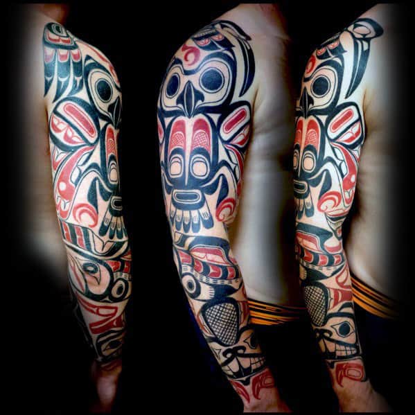 Mens Haida Full Arm Sleeve Tribal Owl Tattoos