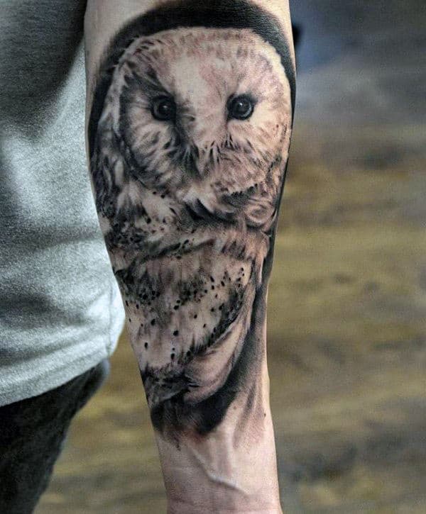 Mens Inner Forearm Shaded Black Ink Barn Owl Tattoo Designs