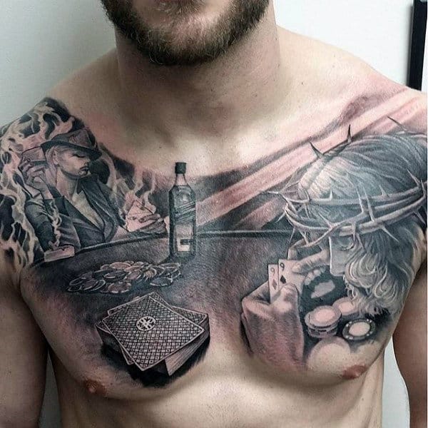 Mens Jesus Playing Card Poker Tattoo On Chest