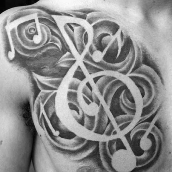 Mens Music Note Negative Space Shaded Black And Grey Chest Tattoos