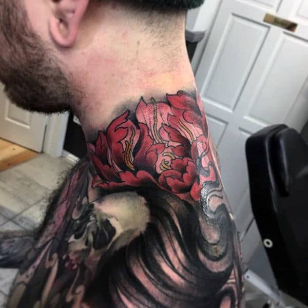 Mens Neck Interesting Tattoo Of Oriental Flower And Skull Tattoo