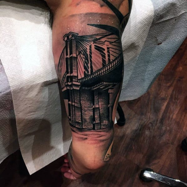Mens Outer Arm Bicep New York City Brooklyn Bridge Half Sleeve Tattoos