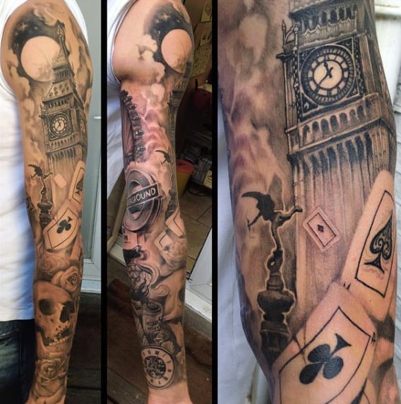 Mens Playing Cards Full Sleeve London Themed Tattoo Ideas