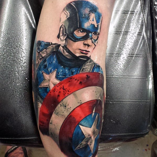 Mens Realistic Captain America Leg Tattoo Ideas