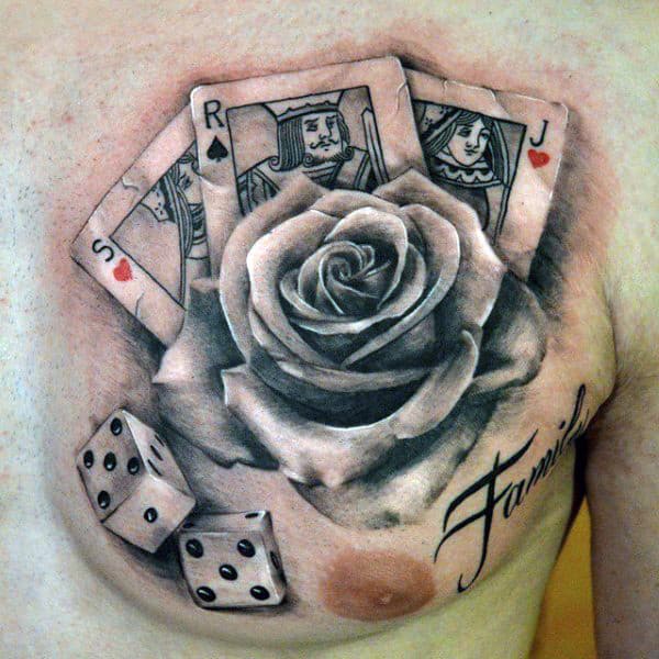 Mens Rose Flower Playing Card Chest Tattoo With Dice