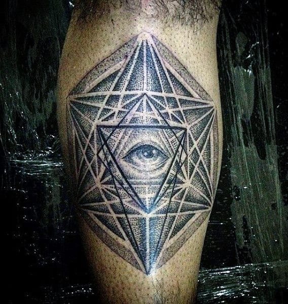 Mens Sacred Geometry Sphere Tattoo With Triangle Eye On Leg Calf