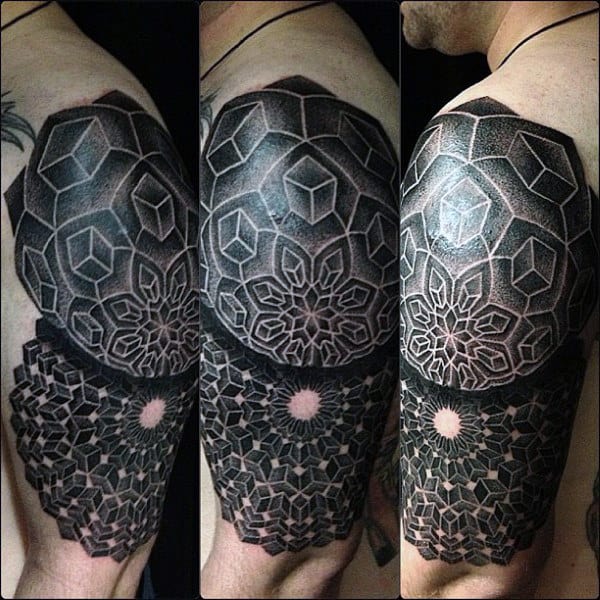 Mens Sacred Geometry Themed Tattoos On Upper Arm In Black Ink