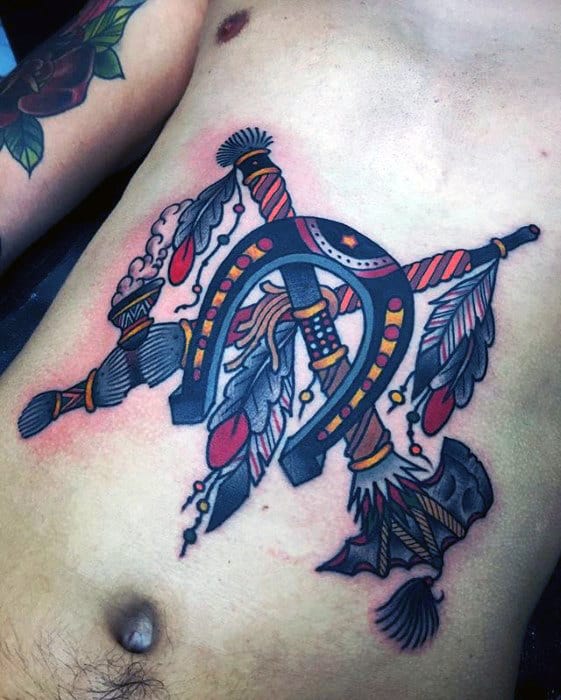 Mens Stomach Traditional Horseshoe Indian Tattoo