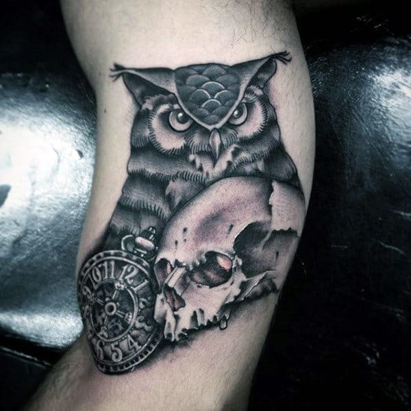 Men's Tattoos Of Owls With Clock And Skull