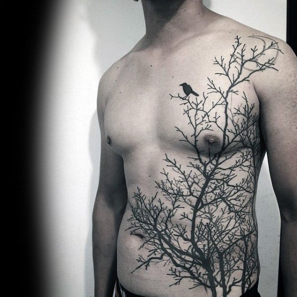 Mens Torso Interesting Tattoo Of Lonely Bird On Leafless Tree