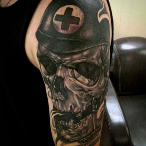 Mens Upper Arm Interesting Tattoo Of Paramedic Skull
